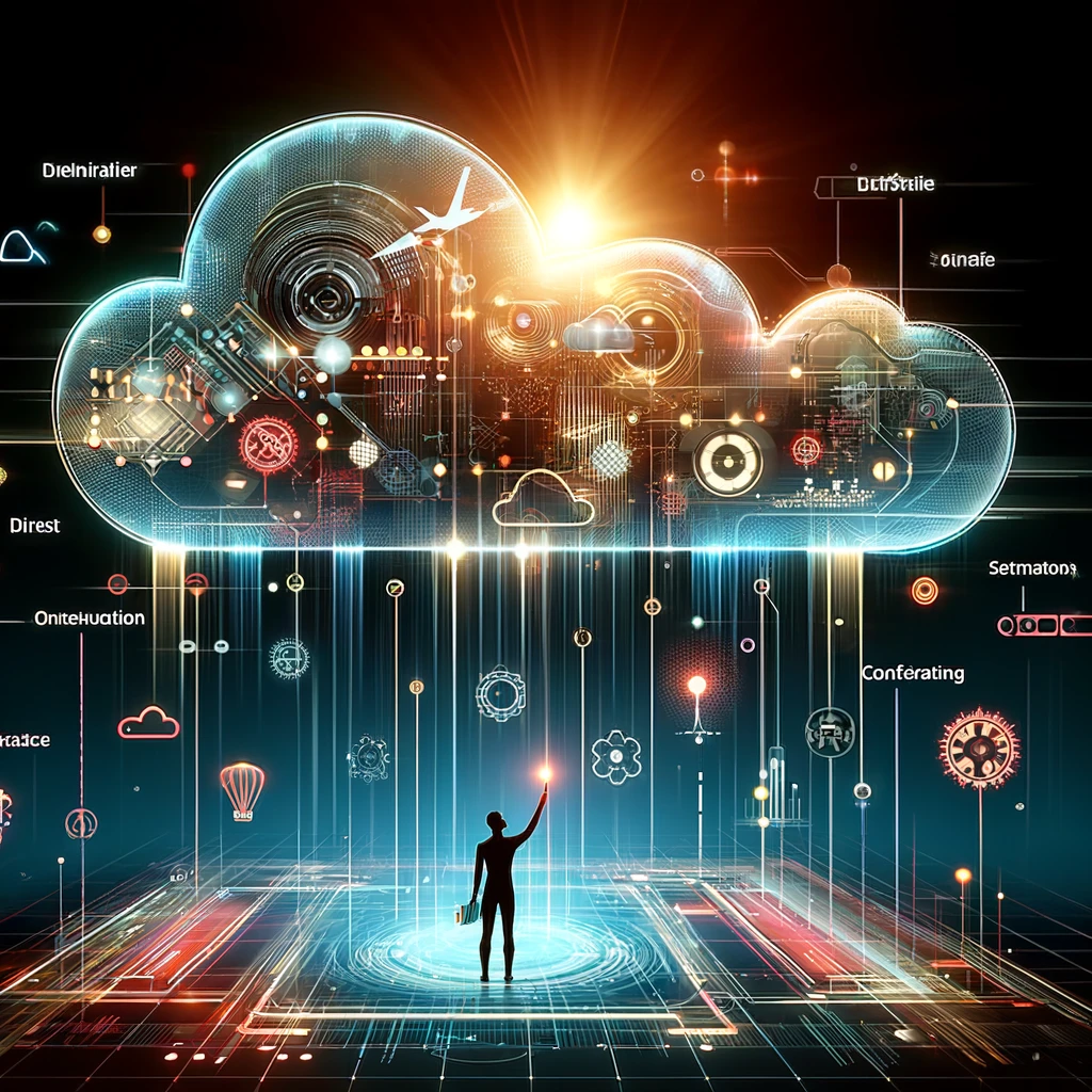 An abstract and dynamic representation of cloud computing concepts, featuring interconnected digital elements and abstract shapes in AWS's branding colors, symbolizing the precision and complexity of cloud resource management with AWS CloudFormation.